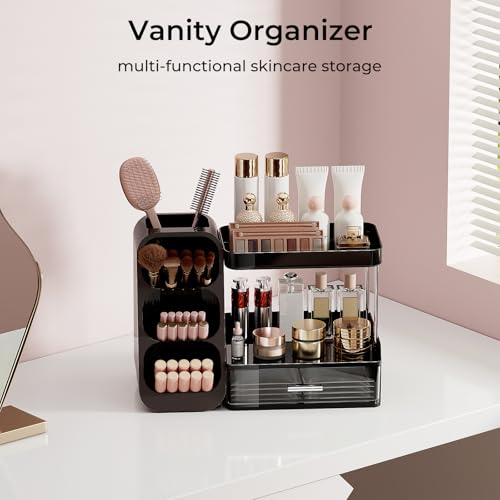 Image of UFORU Makeup Organizer for Vanity with Brush Holder, 2 Tiers Countertop Skincare, Cologne Organizer and Perfume Stand for Men Bathroom Vanity, Large Capacity Makeup Storage, Black
