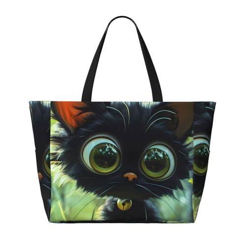 Cute Big-Eyed Black Cat Print Beach Pool Bags Tote For Women Ladies Large Gym Tote Carry On Bag For Weekender Travel Waterproof2