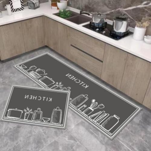 Image of HomeCloud Anti Fatigue Kitchen Rug Sets 2 Piece Non Slip Kitchen Mats for Floor Cushioned Kitchen Rugs and Mats Waterproof Comfort Standing Mat Runner for Kitchen (Jars Grey)