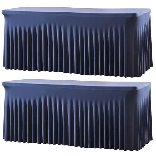 Besutolife 2 Pack Navy Blue Spandex Tablecloth for 8ft Rectangle Tables Fitted Table Cloth Stretch Table Covers Skirt 8ft Rectangular Tablecloths for Banquet Parties Wedding Decorations