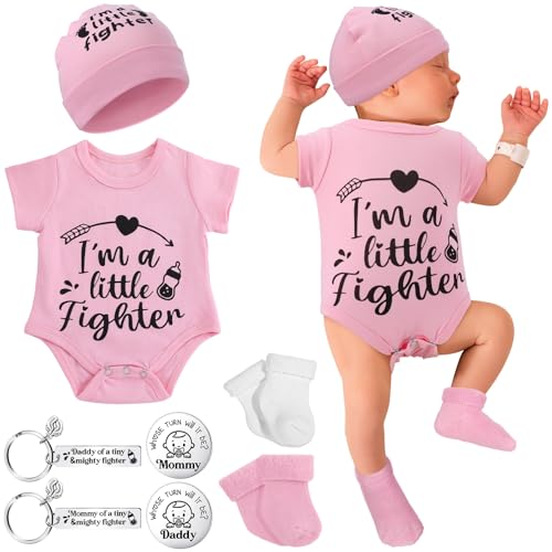Image of Toulite NICU Preemie Baby Gift Set I'm Little Fighter Preemie Baby Hat and Bodysuit Cotton Socks with Keychain Coin