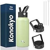 Konokyo 32 oz Insulated Water Bottle Stainless Steel Sport Bottles with 3 Lids,Macaron Green