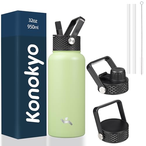 Konokyo 32 oz Insulated Water Bottle Stainless Steel Sport Bottles with 3 Lids,Macaron Green by Konokyo - Used condition - US$10.30