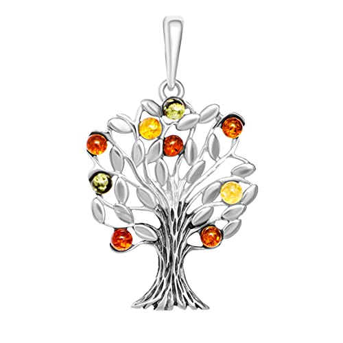 ANDANTE Premium Collection Pendentif en ambre de la mer Baltique véritable en argent sterling 925 ** Arbre de vie certifié - Or de la mer - Couleur cognac, vert, citron, Argent sterling, Ambre Cover