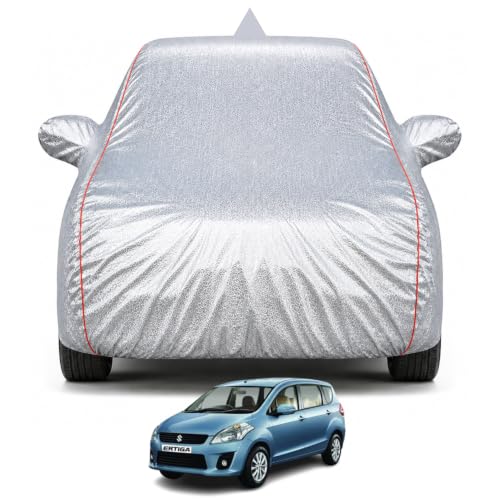 Image of Maruti Ertiga 2012-2017 Models Premium Car Cover | Waterproof, UV & Dust Protection | Mirror & Antenna Pocket | Triple Stitched, Soft Inner Lining, Belt & Buckle (Metalic Silver)