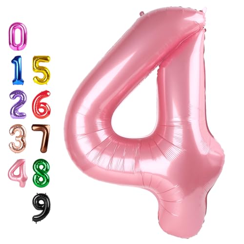 Image of Number Balloons 4 Balloon Pearl Pink for 4th Birthday Decoration, 40 inch | Saturated Color, Large 40 in, With Straw & Hanging Hole, For Back-to-School Season, Wedding, Christmas, New Year, Anniversary
