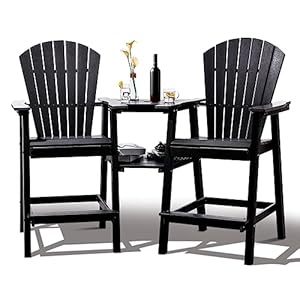 FOOWIN Tall Adirondack Chairs Set of 2，Recycled Poly Balcony Chair with Double Connecting Tray Patio Stools Weather Resistant for Outdoor Deck Lawn Pool Backyard (Double Connecting Tray, Black)