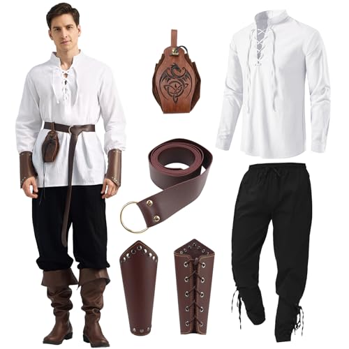 Ulikey Conjunto de Ropa Medieval para Hombre, Conjunto de Traje Renacentista para Hombre con Camisa Pirata Medieval para Hombre, Pantalones Medieval, Cinturón, Muñequeras Accesorios (Blanco, S)