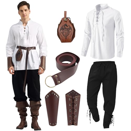 WELLCHY Mittelalter Kleidung Herren Set, Herren Renaissance Kostüm Set mit Leinenhemd Herren Mittelalterliches Piratenhemd, Mittelalter Hose mit Knöchelriemen, Gürtel, Handgelenkschützer Zubehör