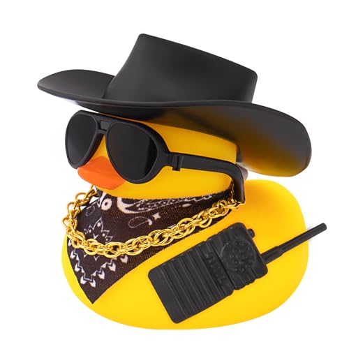 wonuu Small Rubber Duck with Mini Sunglasses Black Cowboy Hat Bandana Necklace Plastic Accessories for Car Ornament Home Decor Desk Decoration, Assemble Needed, Black Interphone