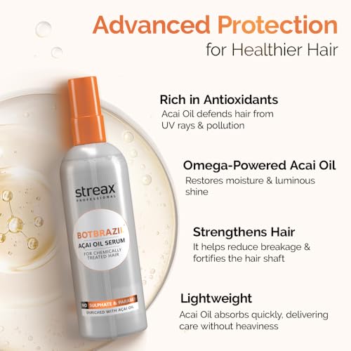 Image of Streax Professional BotBrazil Acai Oil Serum,100ml for Chemically Treated Hair - Keratin, Smoothening which helps to control frizzy hair, dry hair | Hair serum for Women & Men