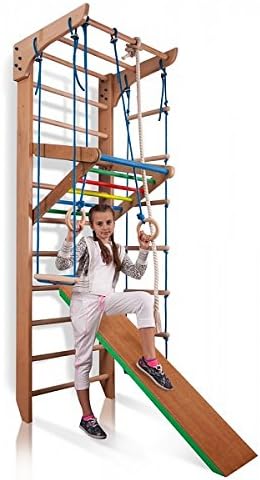Wooden Swedish Ladder, Wall Bars for Kids, Wood Stall Bar Kinder-3-220-Color - Certificate of Safe USE Home Gym Gymnastic, Climbing Kids, Indoor Children Playground 87" x31.5