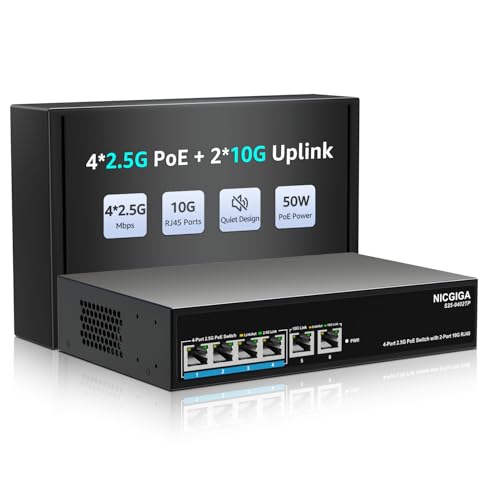 Image of 6 Port 2.5Gb PoE Switch Unmanaged with 4 Port 2.5G Base-T PoE+@65W + 2 x 10G RJ45 Uplink, NICGIGA 6 Port 2.5Gbe IEEE802.3af /at Power Over Ethernet Switch, Support WiFi6 AP, NAS, 4K PoE Camera NVR.