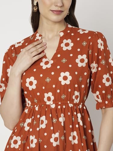 Image of Women's Floral Summer Maxi Dress I Cotton Printed I One Piece Bodycon Midi Dress with V-Neck, Puffed Sleeves