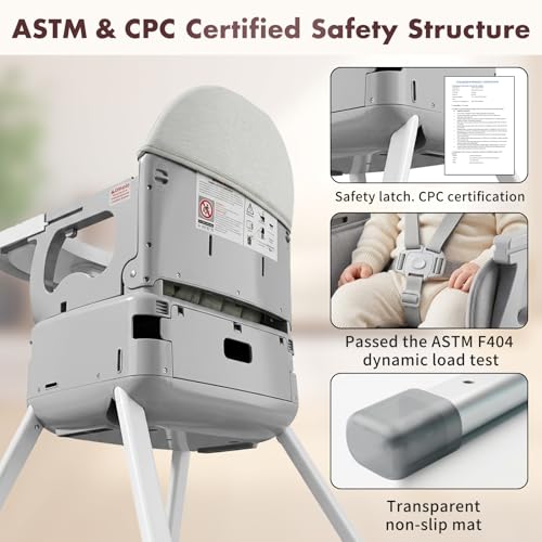 Image of 7-in-1 Convertible Baby High Chair for Baby and Toddler, Portable Travel High Chair Grow with Baby with Adjustable Height & Tray, Easy-Clean Seat, Anti-Tip Safe Frame, Supports 33 lbs, Space Gray