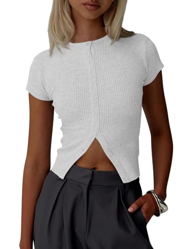 Image of Imily Bela Womens Short Sleeve Sweater Tops Summer Button Down Casual Ribbed Knit Slim Fit Cropped Cardigan Shirts