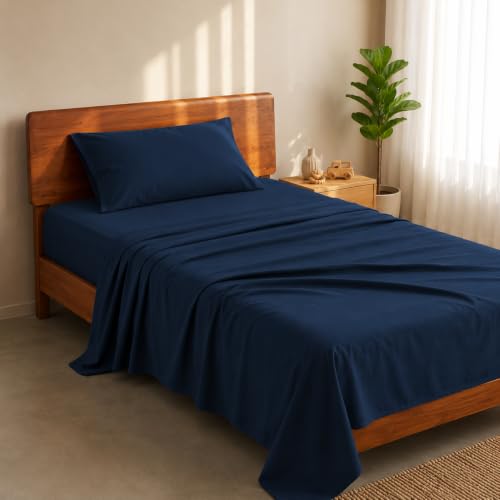 Image of LANE LINEN 100% Organic Cotton Bedsheet for Single Bed - Estate Blue | GOTS Certified, Percale Weave, 60x90 inches, Soft & Breathable, Machine Washable, Includes 1 Pillow Cover