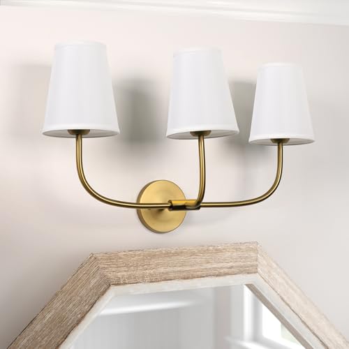 Image of Pathson 3 Lights Fabric Wall Sconce Lamps Pure White Fabric Lampshade, Vintage Fabric Wall Vanity Light, E26 Bulb Base Brass Wall Lighting Fixtures Decor for Living Room
