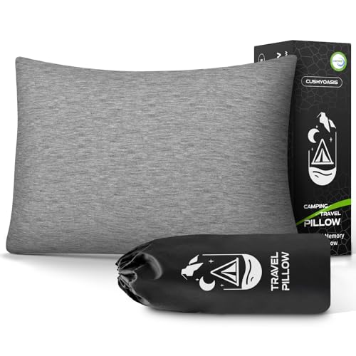 CushyOasis All-in-1 Camping Pillow Set - Shredded Memory Foam Neck Pillow Travel Pillow with Eye Mask Earplugs Washable Cover Compact for Backpacking Camping Flights Car Travel (Small Size)