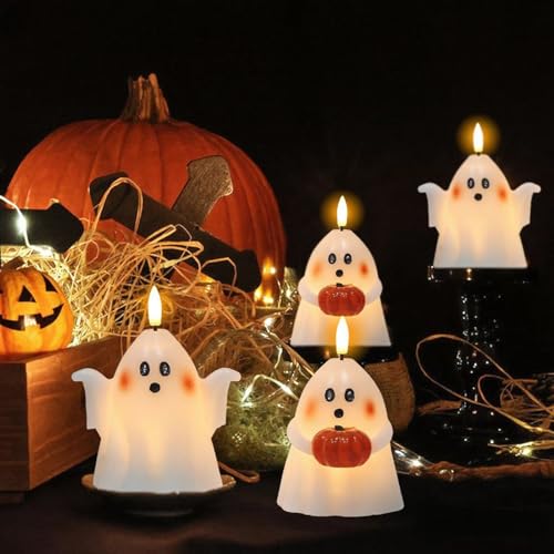 Image of Wondise Halloween Flameless Candles with 6hrs Timer Spooky Ghost, Battery Operated Candles 3D Flickering Wick Real Wax 2 Packs Halloween Candles for Halloween Decoration Gift (D 3.5 inch x H 5 inch