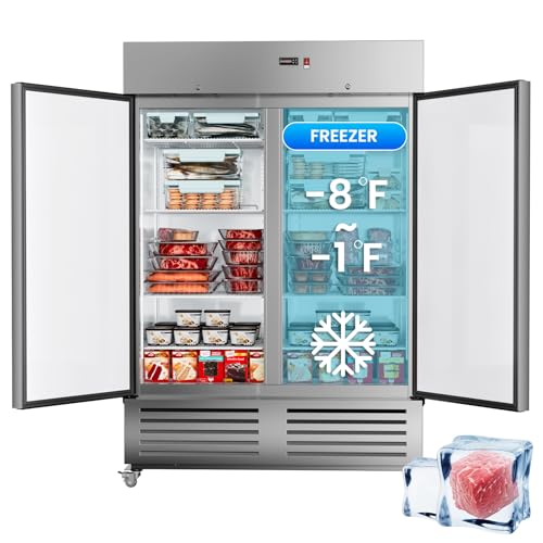 Commercial Freezer 54'W 2 Door Stainless Steel Reach-in Solid Door Upright Freezer Fan Cooling 49 Cu.ft Freezers -8-1°F for Restaurant, Bar, Shop