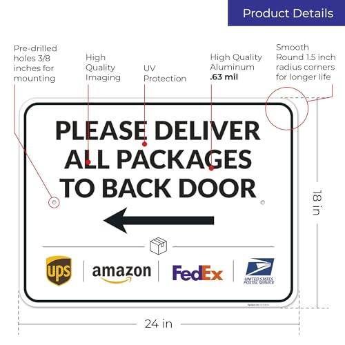 Image of Package Delivery Sign, Delivery Instructions Deliver All Package to Back Door Left Arrow Sign, 18x24 Inches, Rust Free .063 Aluminum, Fade Resistant, Made in USA by Sigo Signs