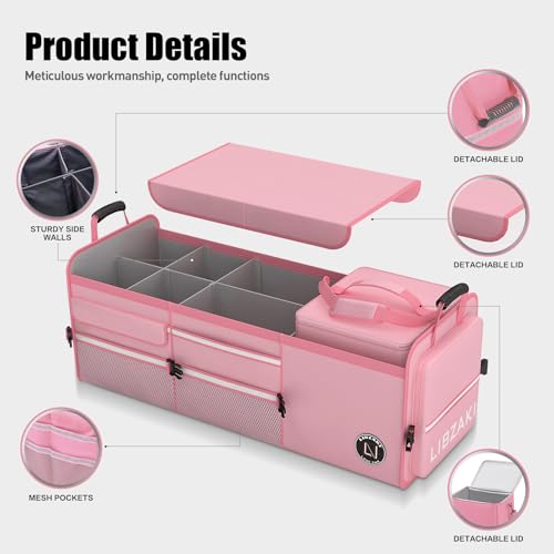 Image of LIBZAKI Oversize 4 in 1 Car Trunk Storage Organizer, Multi Compartment Collapsible Trunk Storage Box with Cooler Bag for Car Truck SUV-Pink