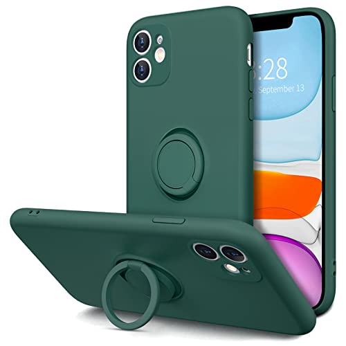 Hython for iPhone 11 Case with Ring Stand [360 Rotatable Ring Holder Magnetic Kickstand] [Support Car Mount] Slim Shockproof Soft Rubber Protective Phone Case Cover for Women Midnight Green