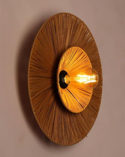 Image of Export India Round Raffia Wall Sconce Light | Bamboo Wall Lamps | Cane and Rattan Raffia Wall Lamp | Light for Home, Restaurants, Offices, Bedroom || Dia 16 inch