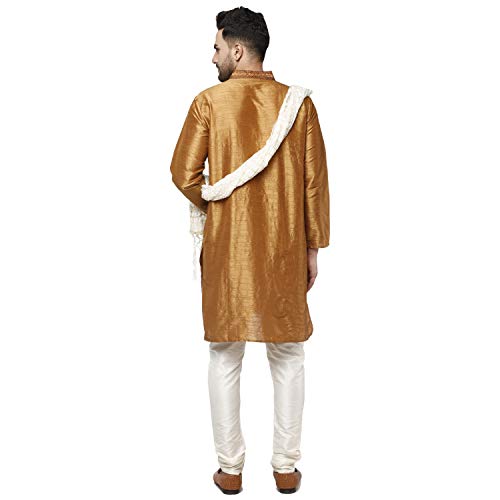 Image of SKAVIJ Men's Art Silk Embroidered Kurta Pyjama Scarf Set 3-Piece Woven Design Festive Party Dress