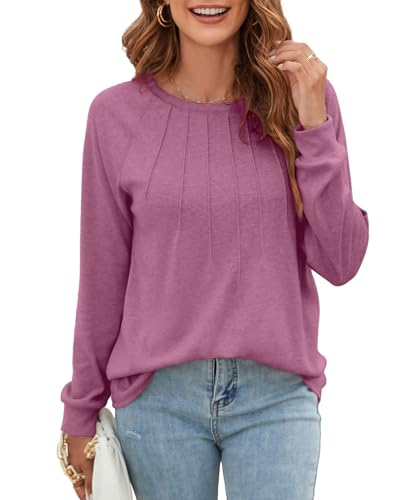 GRMLRPT Blusas de Mujer Manga Larga Casual Camiseta Color Liso Top Elegante Ligero Cómodas Camisetas con Cuello Redondo para Primavera(Rojo,M)