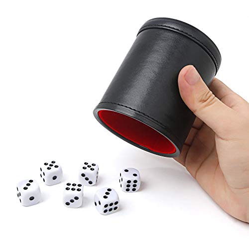 UIEAUY Felt Lined Professional Dice Cup - with 6 Dice Quiet for Yahtzee Game (Black-No Lid)