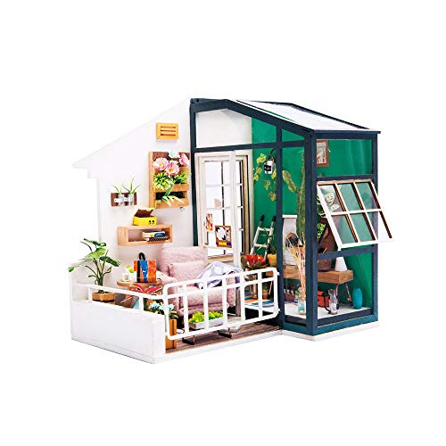 Hands Craft DIY Miniature Dollhouse Kit – Balcony Daydreaming 3D Model Wooden Furniture Tiny House Building with LED Lights Wood Pre Cut Pieces Puzzle 1:24 Scale for Teens and Adults DGM05