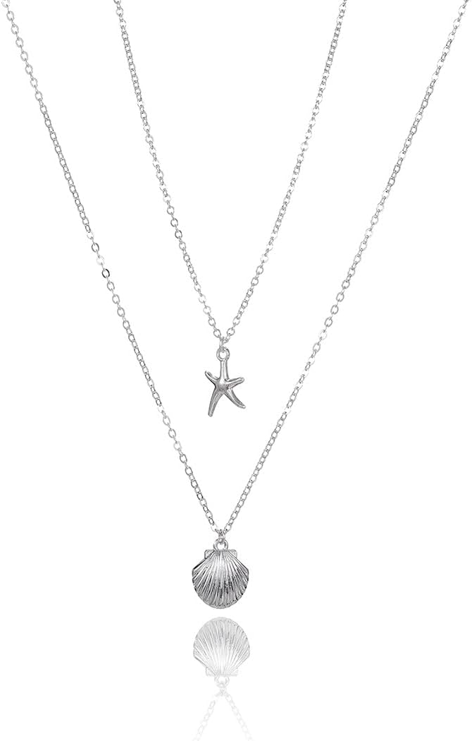 Tgirls Boho Starfish Layered Necklace Shell Pendant Necklace Silver Necklaces Chain for Women and Girls (Silver) - Silver