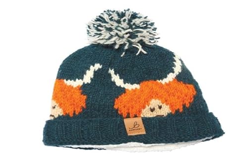 Bartleby Highland Cow Wool Knit Bobble Hat Blue/Pink