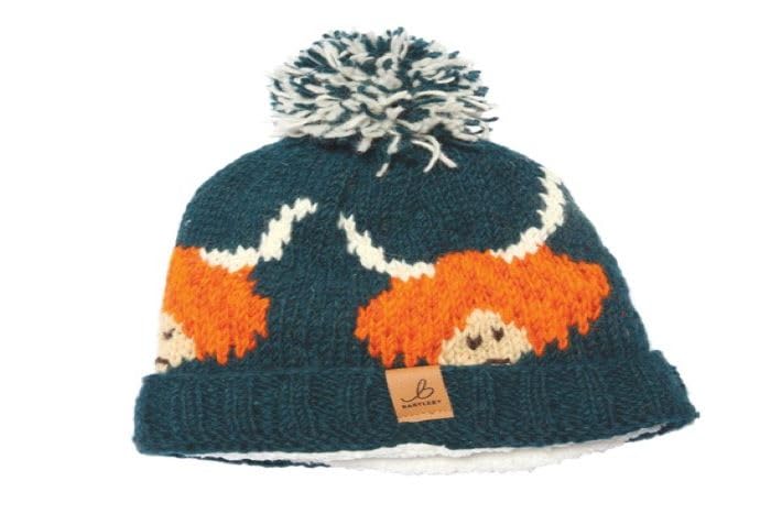 Bonnet à pompon en laine de vache bleu et rose Taille unique Highland