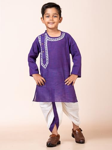 Image of Kids Ethnic Wear - Embroidered Handloom Cotton Kurta & Elastic Waist Dhoti Set for Boys | Traditional Dress for Baby & Toddler