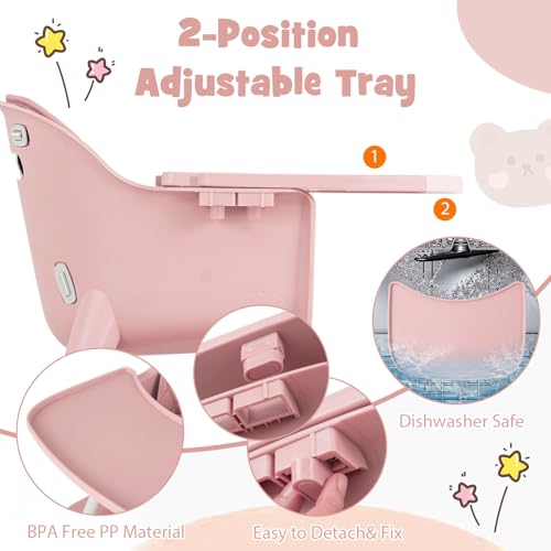 Image of HONEY JOY 5-in-1 High Chair, Convertible Highchair for Babies and Toddlers /Kids Chair Table Set /Infant Feeding Chair w /Safety Harness, PU Leather Cushion & Removable Food Tray (Pink)