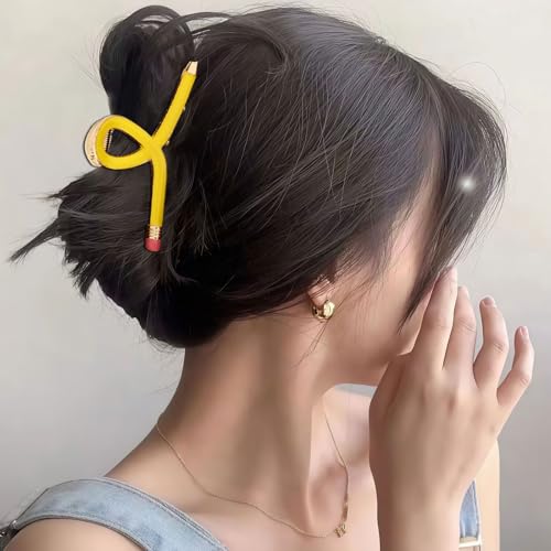 Pinza para cabello con diseño de lápiz color amarillo miniatura 3