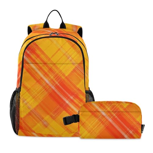 susiyo 2 in 1 Backpack Set with Insulated Lunch Bag Orange Plaid Pattern School Bags for Kids Travel School Backpack Set for Boys Girls Teens adult