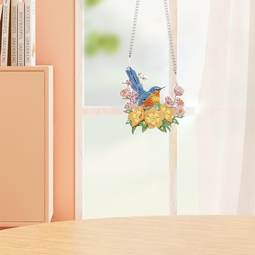 Image of DIY 5D Bird Flower Diamond Art Painting Kits Hanging Sign Wall Art Sign Special Shaped Diamond Art Window Hanging Ornament Pendants Home Garden Wall Door Hanging Diamond Art Kits Valentine's Day Gift