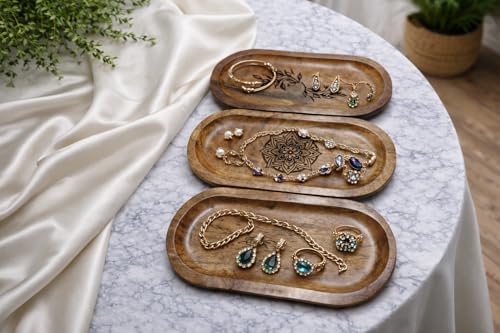 Image of Wooden Jewelry Tray, Oval Shape, L x B x H = 10 x 5 x 0.5 Inch Floral Design, Natural Wood Finish, Organizer for Rings, Necklaces, Earrings And Snacks Serving (Multi 3)