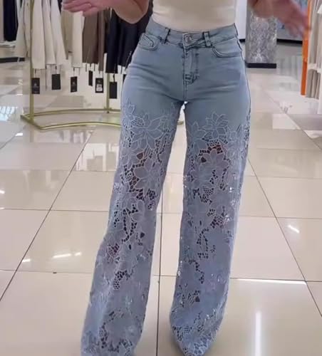 Women's Floral Lace Patchwork Jeans Boho Hollow Out Embroidery Cut Out High Waisted Denim Pants2