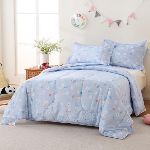 Image of Yibeizi Blue Floral Comforter Set for Girls Kids Twin Size Bedding