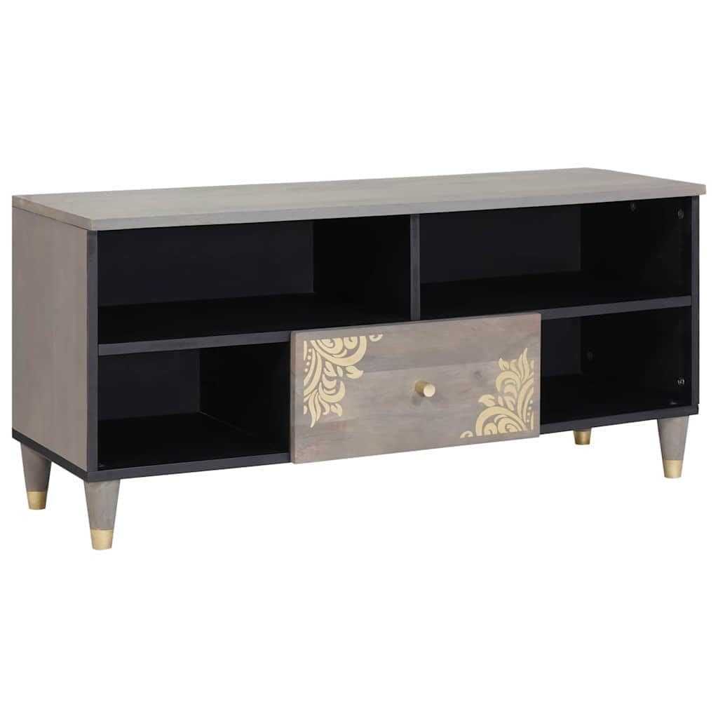 Mueble de TV de madera maciza de mango gris 100 x 33 x 46 cm con estante, cajón y botones de latón para sala de estar cine en casa y televisor