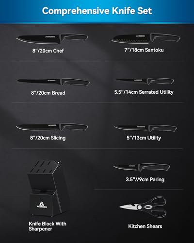 ACOQOOS Knife Set with Block, 10 Piece Stainless Steel Kitchen Knives with Built-in Sharpener for Everyday Kitchen Use - Image 3