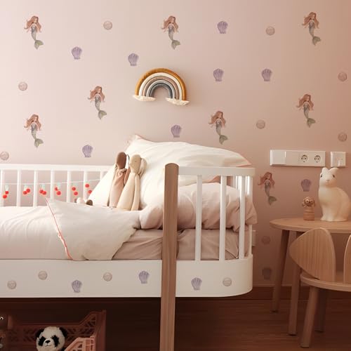 Image of Mermaid Wall Stickers for Girls Room - 4 Sheets 40 Pcs Boho Mermaid Seashell Pearl Wall Decals Peel and Stick Scatter Wall Art Baby Girl Bedroom Nursery Gift Fairy Tale Wall Art