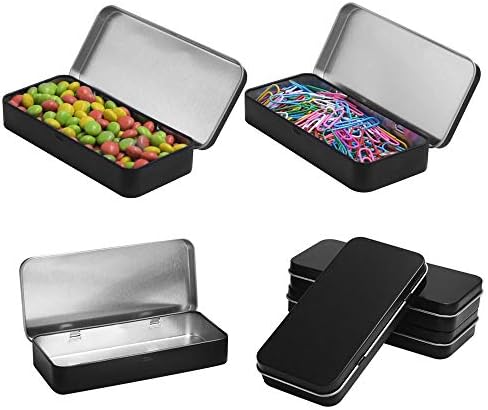 4 Pack Metal Rectangular Hinged Tin Boxes with Lid, 5.0x2.3x0.8 Inch, Black Metal Containers Portable Box Small Storage Kit Home Organizer, Model 128