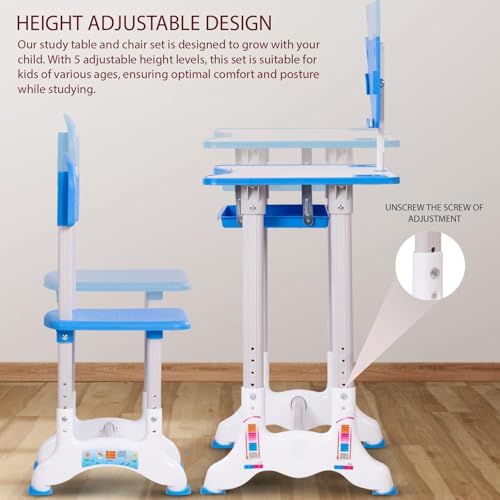 طقم طاولة و كرسي للأطفال ،مكتب أطفال متعدد الوظائف بارتفاع قابل للتعديل للقراءة والرسم والكتابة والحرف اليدوية و تناول الوجبات الخفيفة، طاولة دراسة خفيفة الوزن 95*60*40 سم، لون أزرق