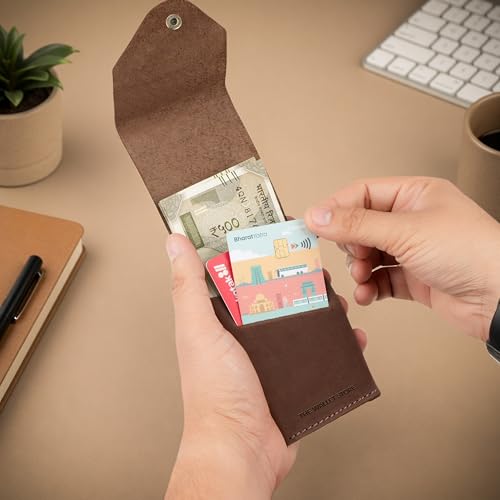 Image of The Wallet Store Flip 2.0 Genuine Leather Vertical Slim Wallet for Men | Easy Quick Card Access | Compact Front Cash Pocket & Button Lock | Minimalist Travel & Daily Carry Wallet (Brown)